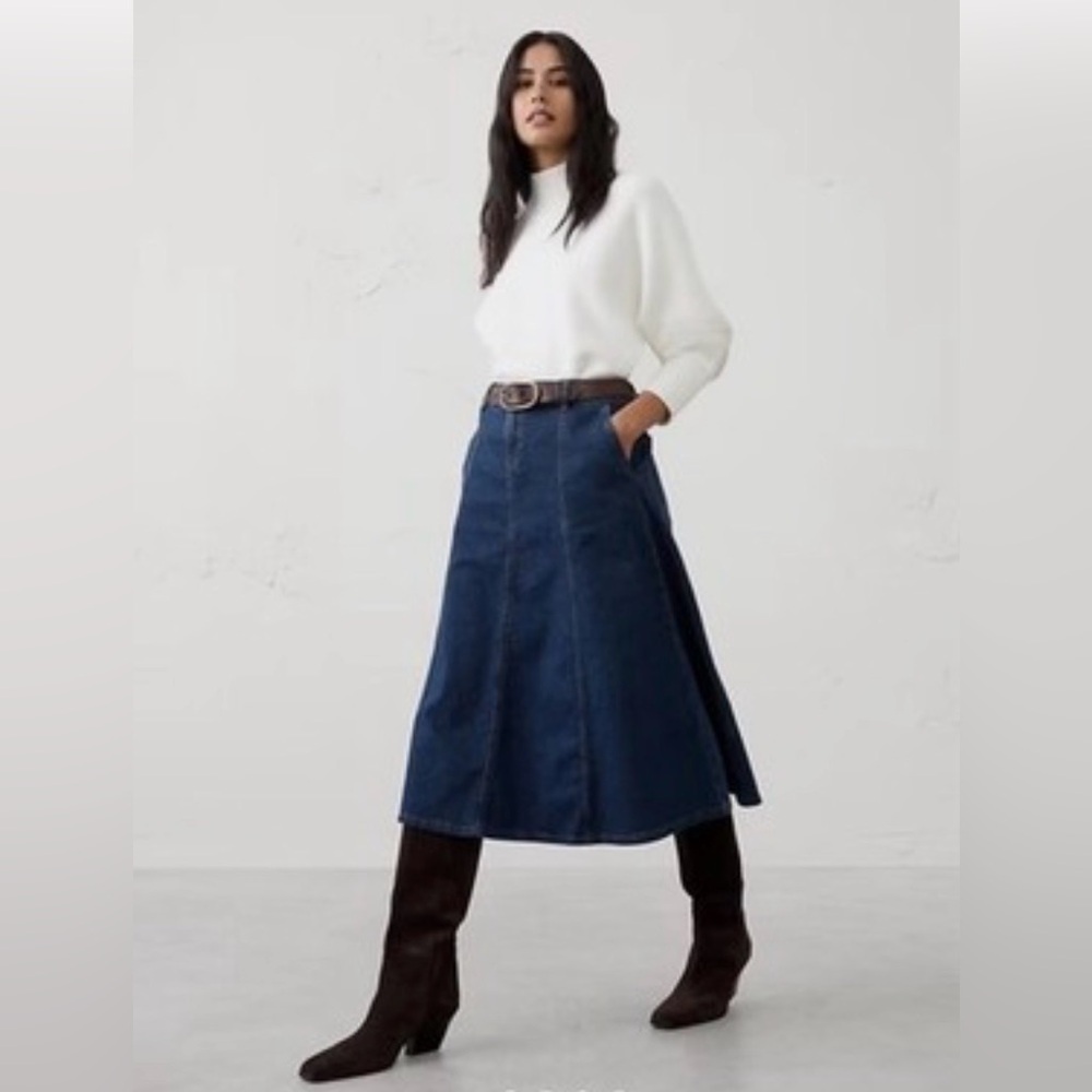 NWT Banana Republic Factory Dark Wash Denim Flare Midi Skirt Sz 6.